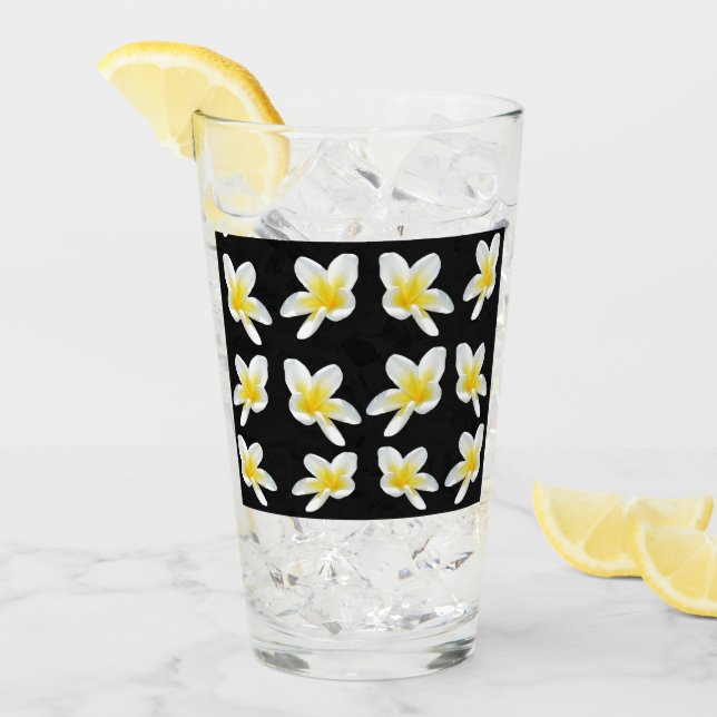 Yellow Frangipanis On Black, Drink Glass (Front Ice)