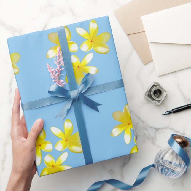 Yellow Frangipanis On Misty Blue, Wrapping Paper (Gifting)