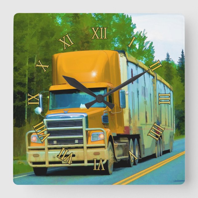 Yellow Freight Truck - Lorry and Highway Art Square Wall Clock (Front)