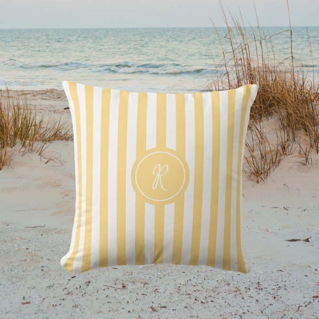 Yellow French Beach Stripe Initial Monogram Outdoor Pillow (Creator Uploaded)