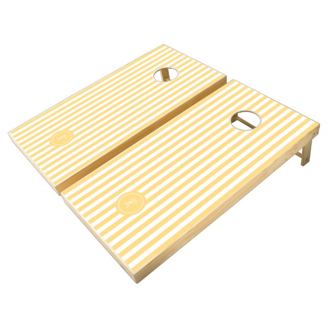Yellow French Beach Stripe Personalized Monogram Cornhole Set (Angled)