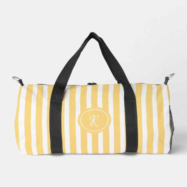 Yellow French Beach Stripe Personalized Monogram Duffle Bag (Front)