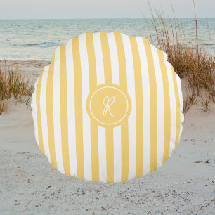 Yellow French Beach Stripe Personalized Monogram Round Pillow