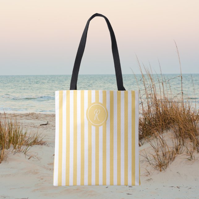 Yellow French Beach Stripe Personalized Monogram Tote Bag (Creator Uploaded)