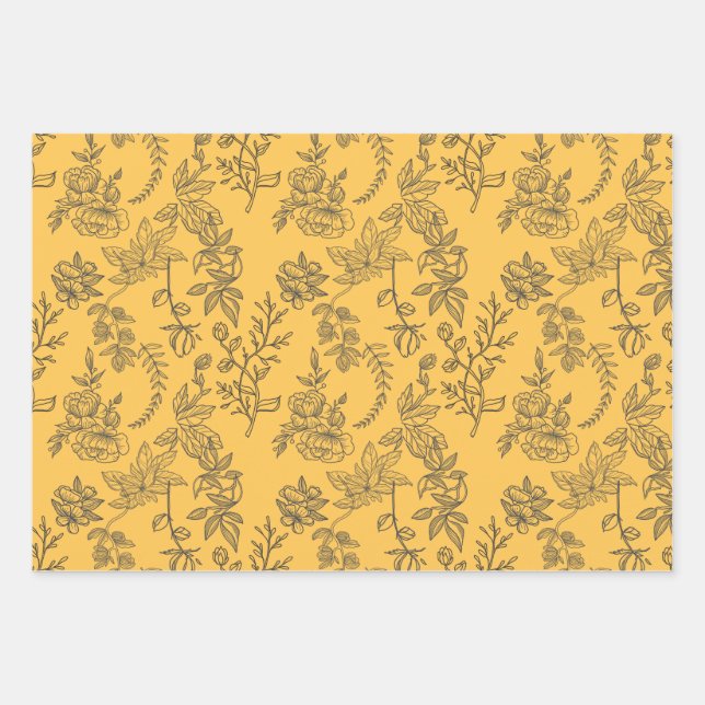 Yellow French country floral pattern  Wrapping Paper Sheets (Front)