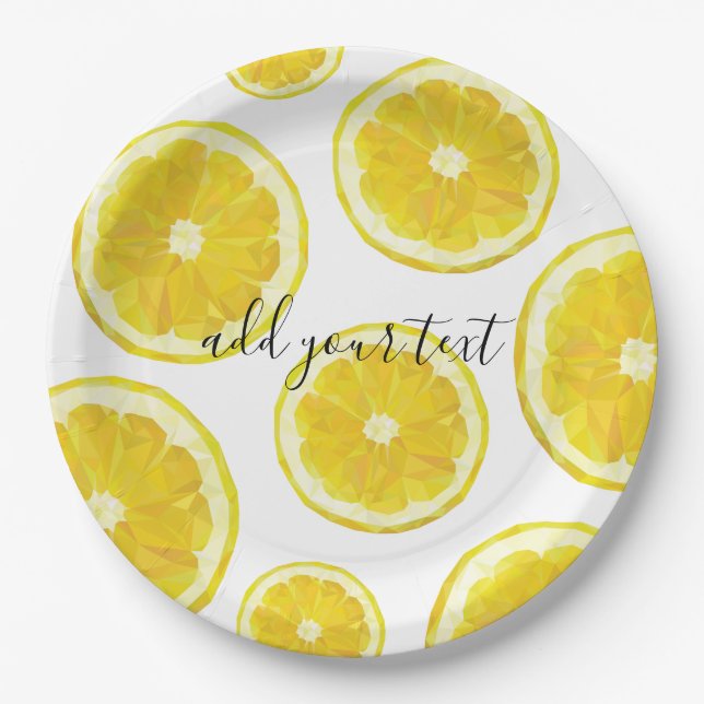 Yellow fresh lemon slice custom text paper plates (Front)