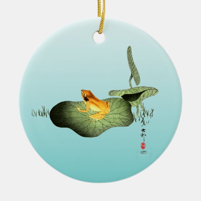 Yellow Frog on Lotus Leaf  Ceramic Ornament (Front)