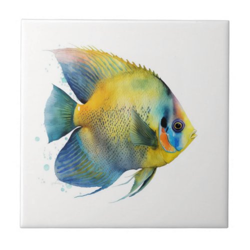 Yellow Fronted Angelfish Watercolor Ceramic Tile