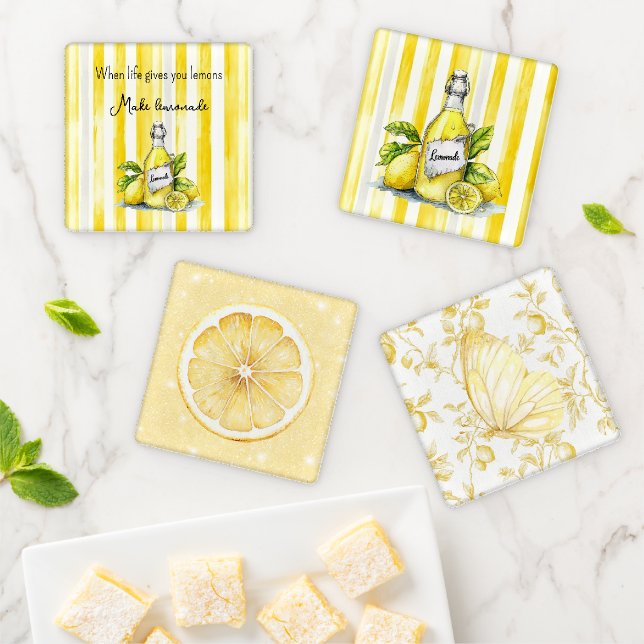 Yellow Fruit Lemons Make Lemonade Coaster Set (In Situ)