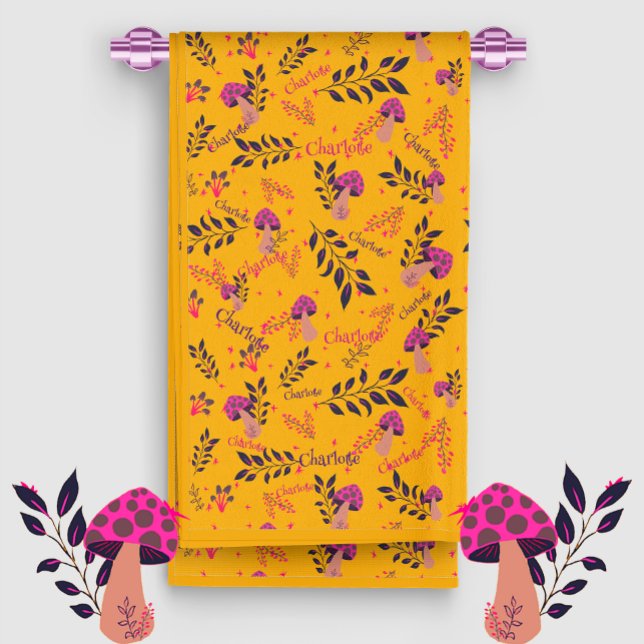 Yellow Fuchsia Funny Mushrooms Custom Baby Name Hand Towel (Funny mushrooms in a yellow hand towel! An happy bathroom!)