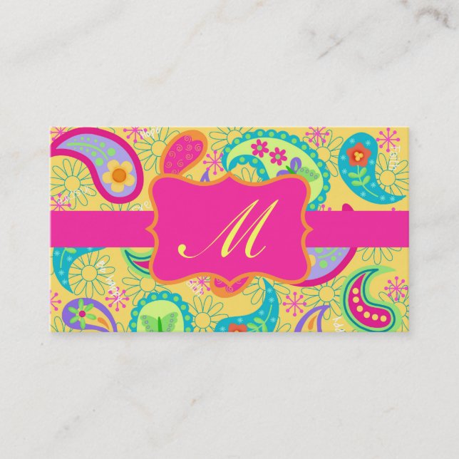 Yellow Fuchsia Pink Modern Paisley Monogram Business Card (Front)