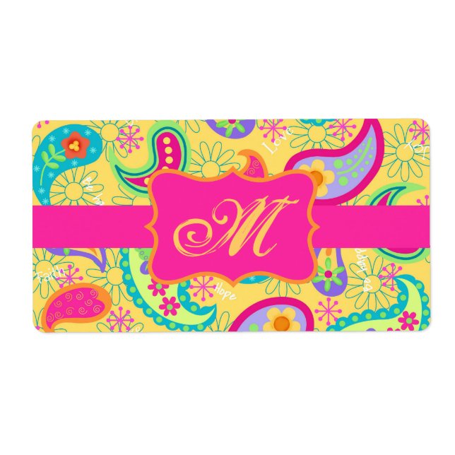 Yellow Fuchsia Pink Modern Paisley Monogram Label (Front)