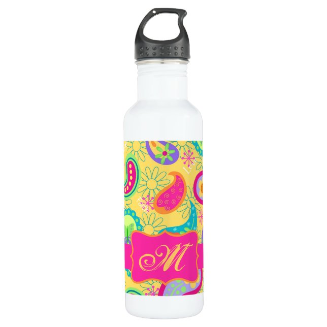 Yellow Fuchsia Pink Modern Paisley Monogram Stainless Steel Water Bottle (Front)