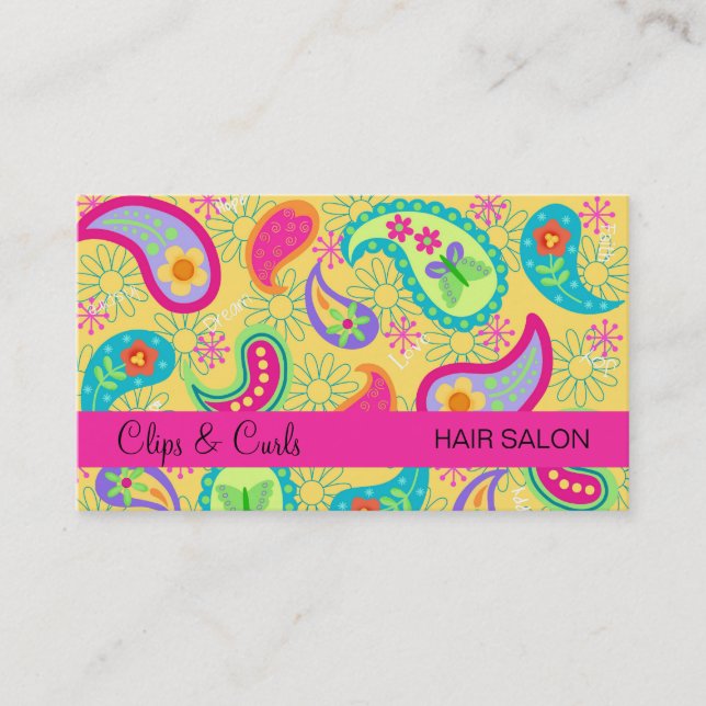 Yellow Fuchsia Pink Modern Paisley Whimsy Pattern Business Card (Front)