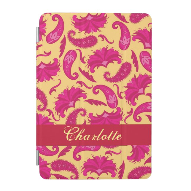 Yellow Fuchsia Pink Paisley Name Personalized iPad Mini Cover (Front)