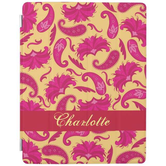 Yellow Fuchsia Pink Paisley Name Personalized iPad Smart Cover (Front)