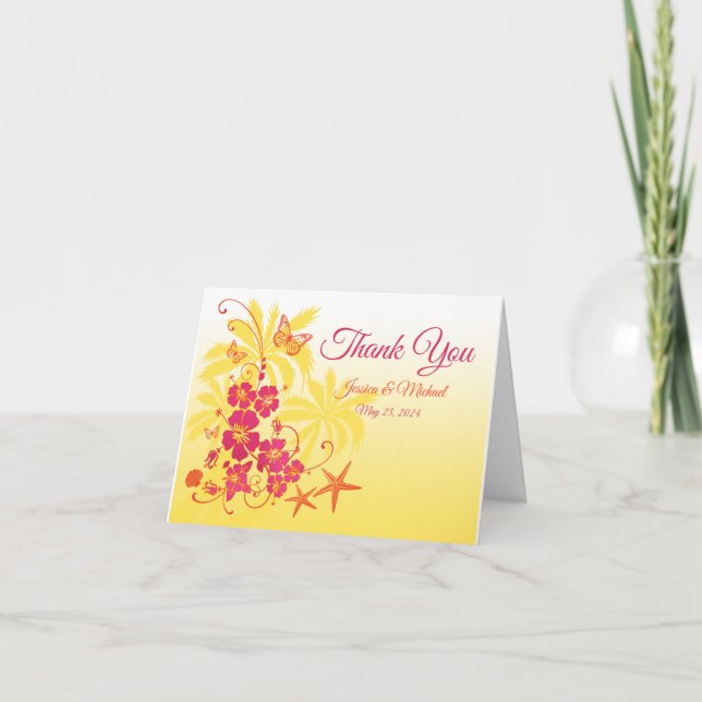 Yellow, Fuchsia, White Tropical Wedding Thank You  Card (Front)
