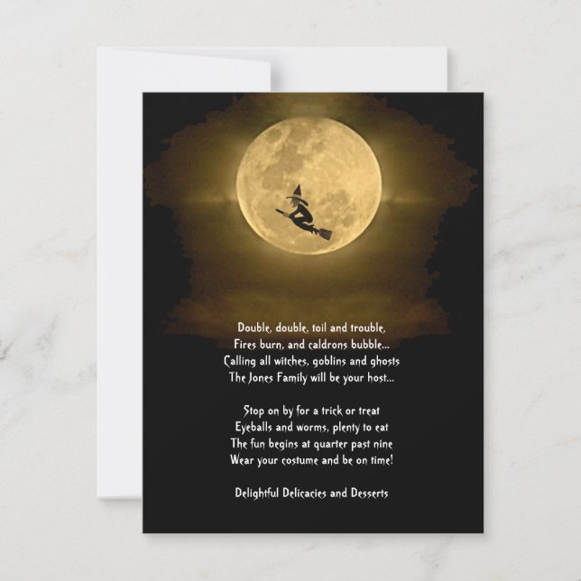 Yellow Full Moon and Witch Halloween Party Invitation (Front)