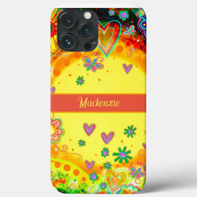 Yellow Fun Heart Flowers Personalize Name Case-Mate iPhone Case (Back)
