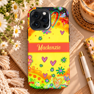 Yellow Fun Heart Flowers Personalize Name iPhone 13 Pro Max Case