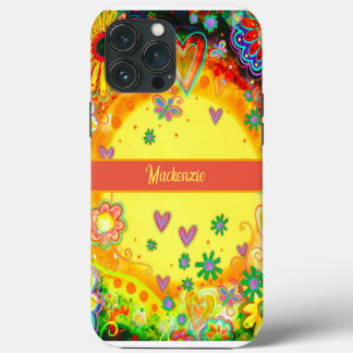 Yellow Fun Heart Flowers Personalize Name iPhone 13 Pro Max Case