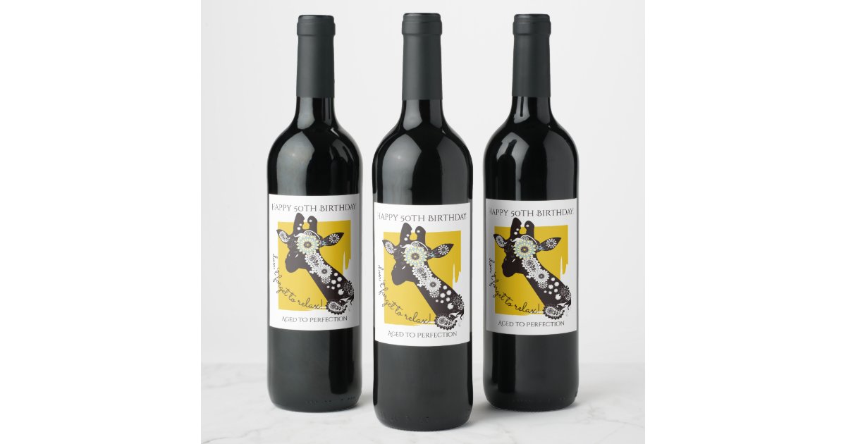 Yellow Funky Cool Giraffe Birthday Wine Label | Zazzle