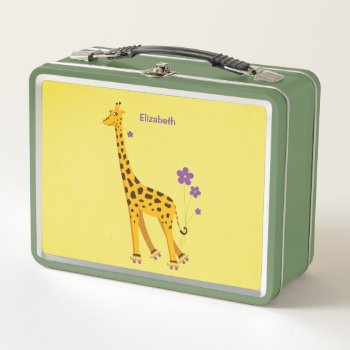 Yellow Funny Cartoon Giraffe Skating Girl Name Metal Lunch Box by borianag at Zazzle
