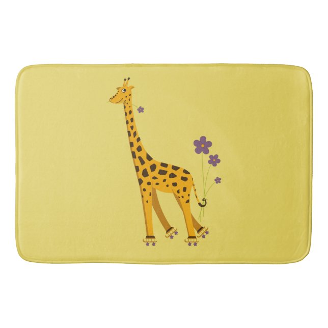 Yellow Funny Roller Skating Giraffe Bathroom Mat (Front)