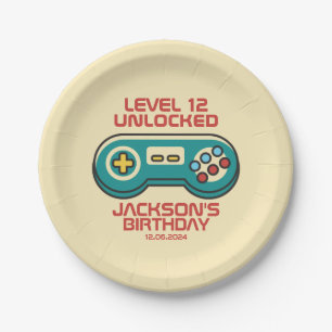 Yellow Gamer Level Unlocked Retro Gaming Birthday Paper Plates