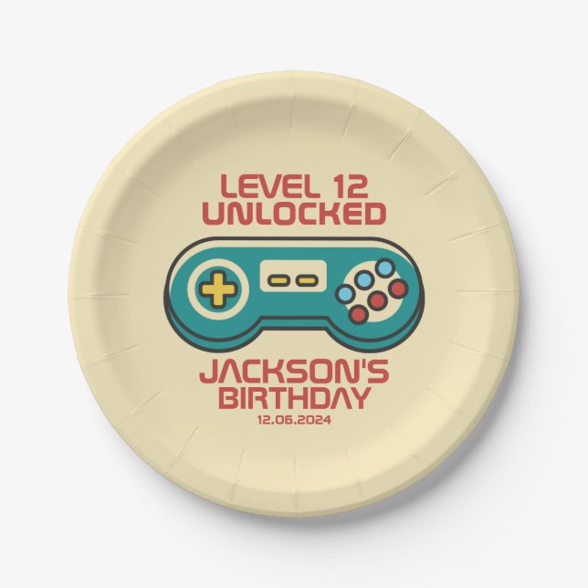Yellow Gamer Level Unlocked Retro Gaming Birthday Paper Plates (Front)
