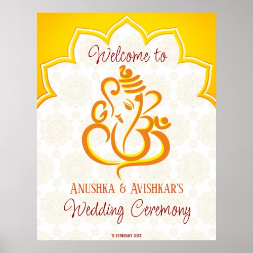 Yellow Ganesha with mandala background  Hindu Poster