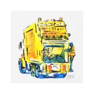 Yellow Garbage Truck / Artist Larry Lerew Metal Print