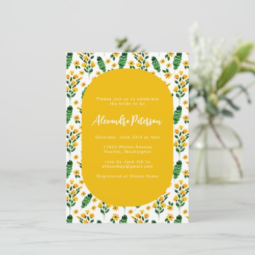Yellow Garden Flower Watercolor Bridal Shower  Invitation