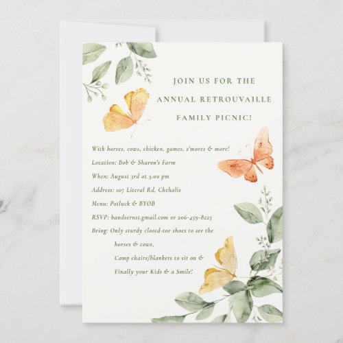 Yellow Garden Foliage Butterflies Annual Picnic Invitation