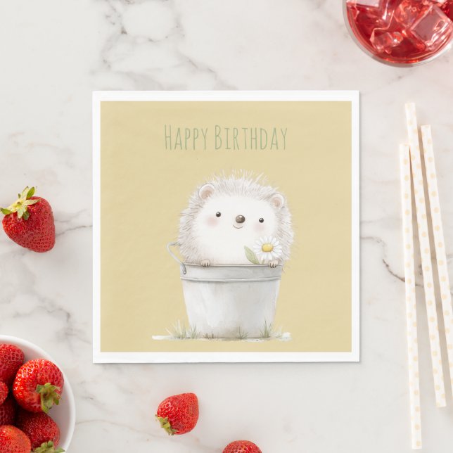 Yellow Garden Hedgehog with Daisy Flower Birthday Napkins (Insitu)