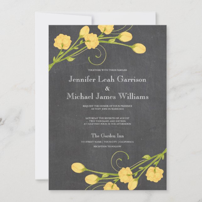 Yellow garden roses chalkboard wedding invitation (Front)
