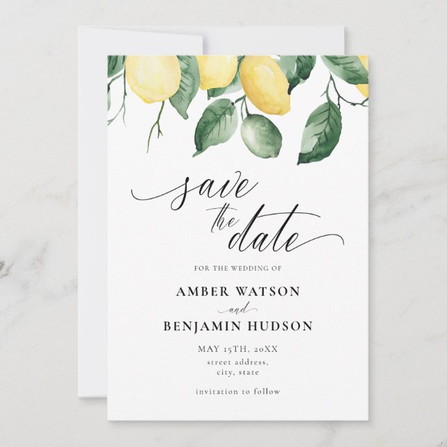 Yellow Garden Summer Lemons Save The Date Card (Front)