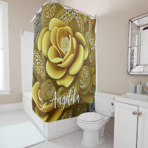Yellow Gardenia with Gold Glitters and Custom Name Shower Curtain