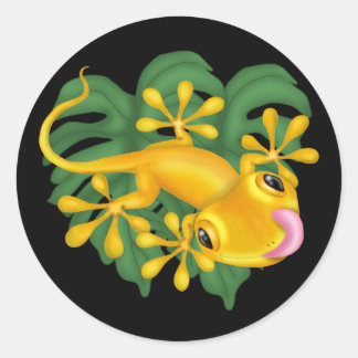 Yellow Gecko On Green Leaves Round Sticker
