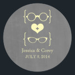 Yellow Geeky Glasses Chalkboard Wedding Stickers<br><div class="desc">Quirky and chic Geeky Glasses Chalkboard Wedding Stickers in yellow featuring a cute heart flanked by two pairs of nerdy eyeglasses, a manly pair and a girly pair representing the groom and bride on a chalkboard look background. These offbeat wedding stickers are perfect for your geek wedding! Easy to customize,...</div>