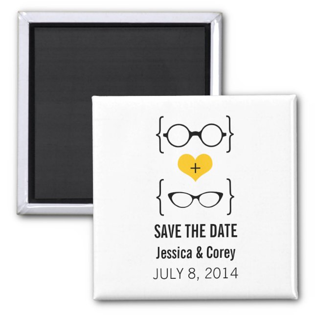 Yellow Geeky Glasses Save the Date Magnet (Front)