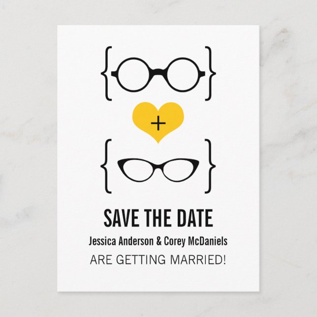 Yellow Geeky Glasses Save the Date Postcard (Front)