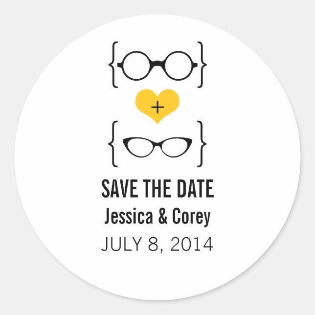 Yellow Geeky Glasses Save the Date Stickers (Front)