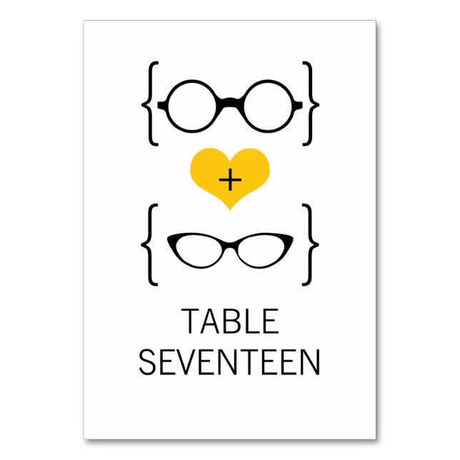 Yellow Geeky Glasses Wedding Table Card (Front)