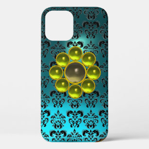 YELLOW GEMSTONE MON Teal Aqua Blue Black Damask iPhone 12 Case