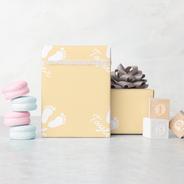 Yellow gender neutral baby footprint wrappingpaper (Baby Shower)