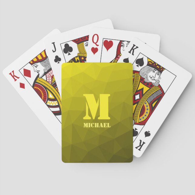 Yellow geometric mesh pattern Monogram Poker Cards (Back)