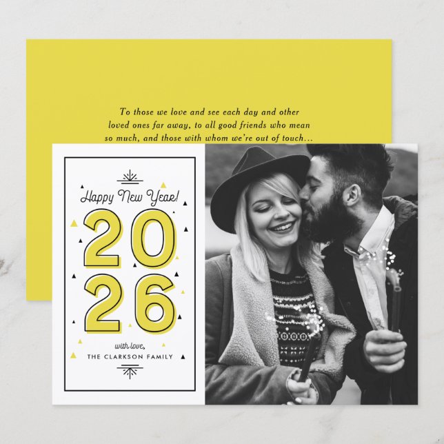 Yellow Geometric Typography New Year Photo Holiday Card (Front/Back)