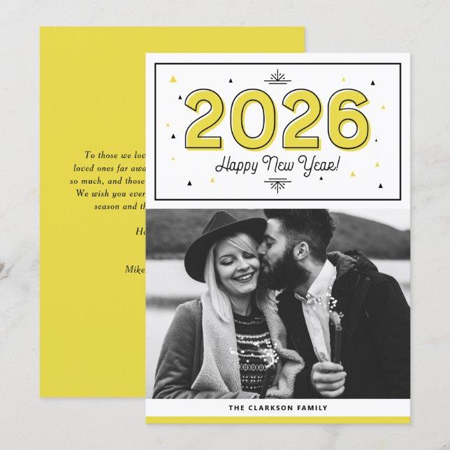 Yellow Geometric Typography Photo Happy New Year Holiday Card (Front/Back)