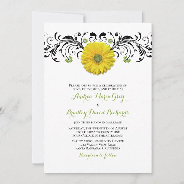 Yellow Gerber Daisy Floral Wedding Invitation (Front)